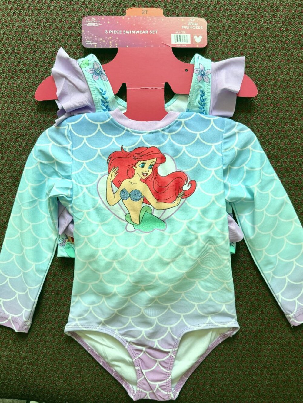 Disney Ariel Little Mermaid 3-Piece Swimsuit Set 2T UPF 50 Rash Guard NWT Girl